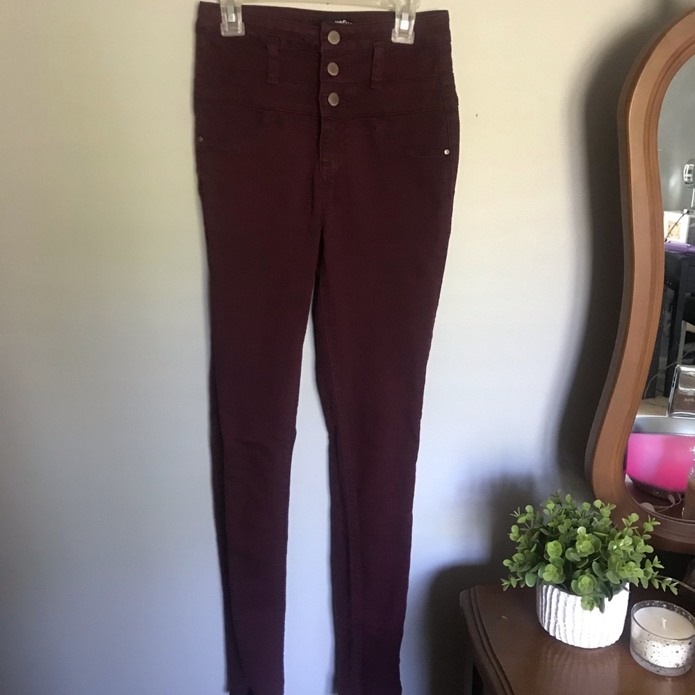high-waisted, maroon jeans